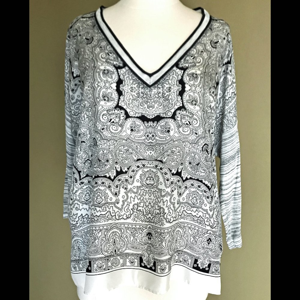 CAbi Black/White Silk Contrast Scarf Top